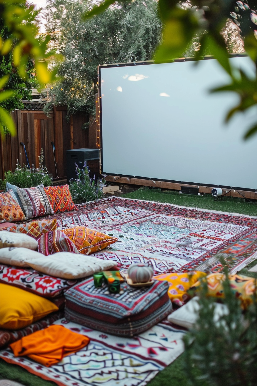 Backyard movie night. White projector screen with colorful scatter cushions and patterned throws.