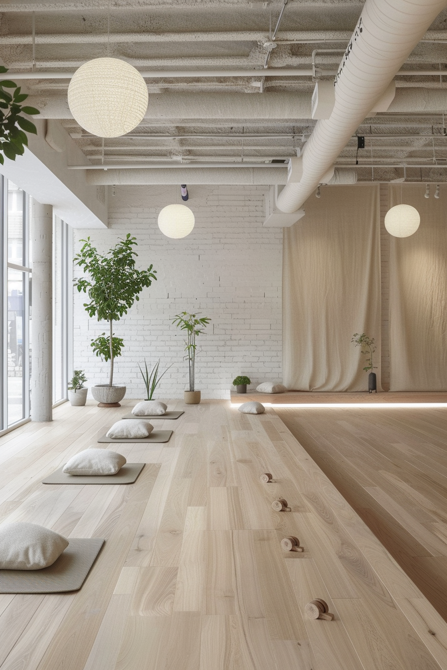 Japandi yoga studio. Light wood flooring, bamboo planters, white brick walls.