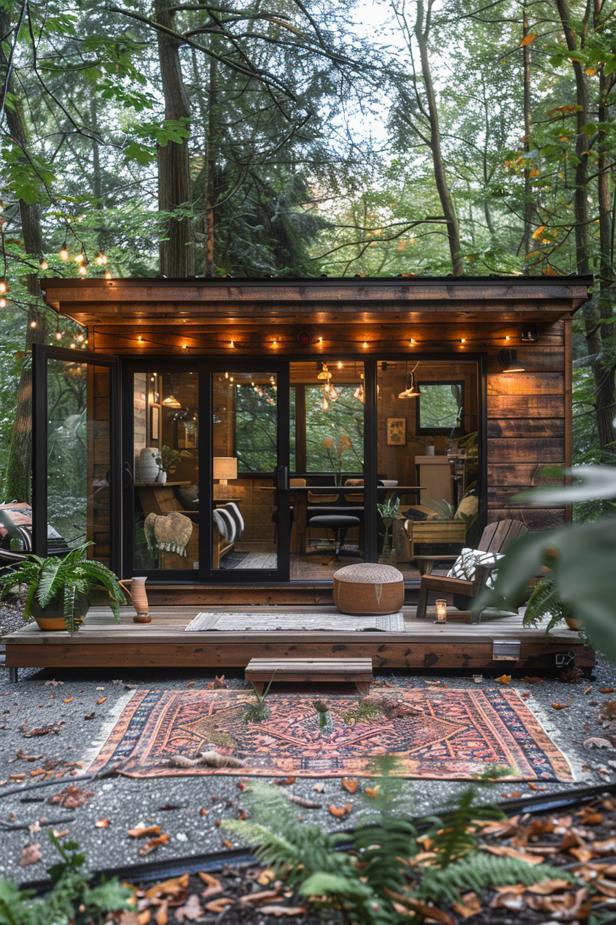 Tiny house design. Natural wood exterior, patterned rug, bronze pendant lights.