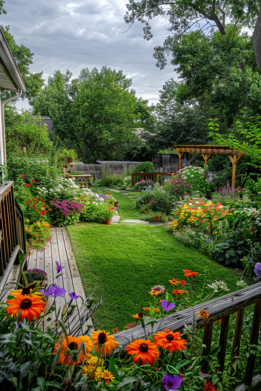 View from deck. Lush green garden with vibrant flower beds and a small pergola.