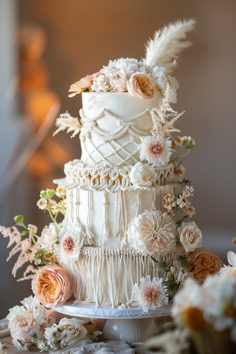 Boho beach wedding. Multi-tiered macramé styled cake.