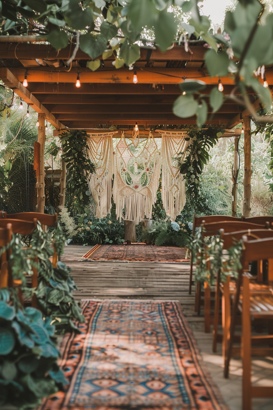 Wedding view. Macrame backdrops with string lights amongst lush greenery.