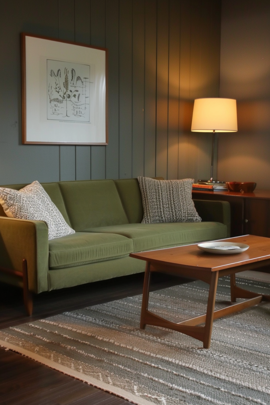 Mid-century modern living room. Olive green sofa with teak coffee table.