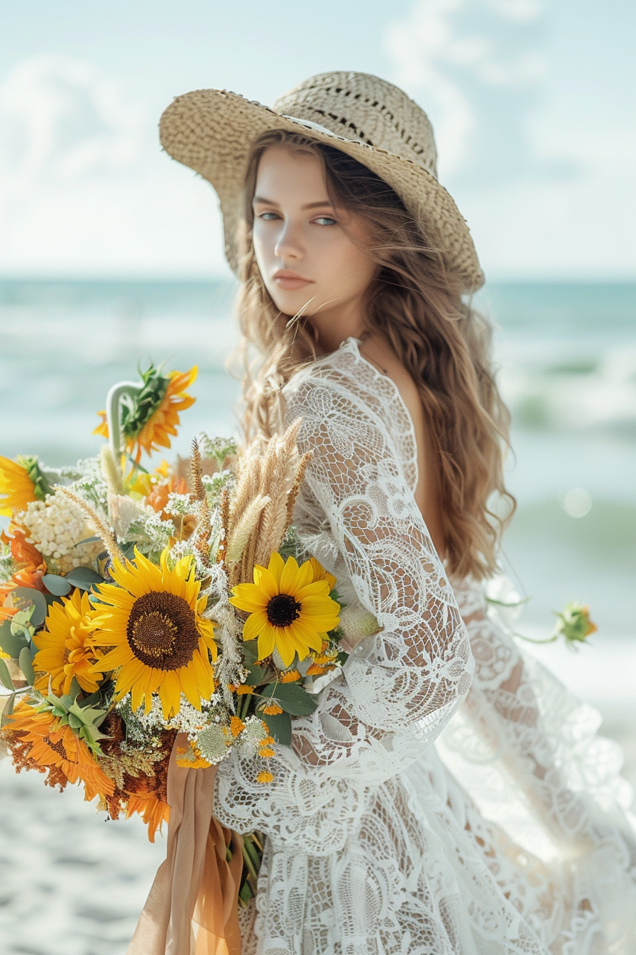 Beach wedding outfit. Flowy bohemian-style lace dress with sunflower bouquet.