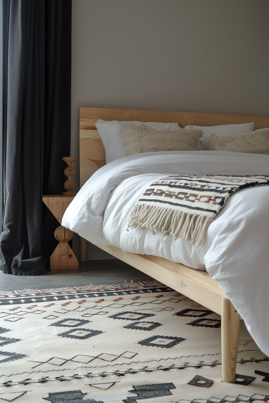 Japandi x Aztek bedroom design. Birch bedframe with geometric Aztek rug.