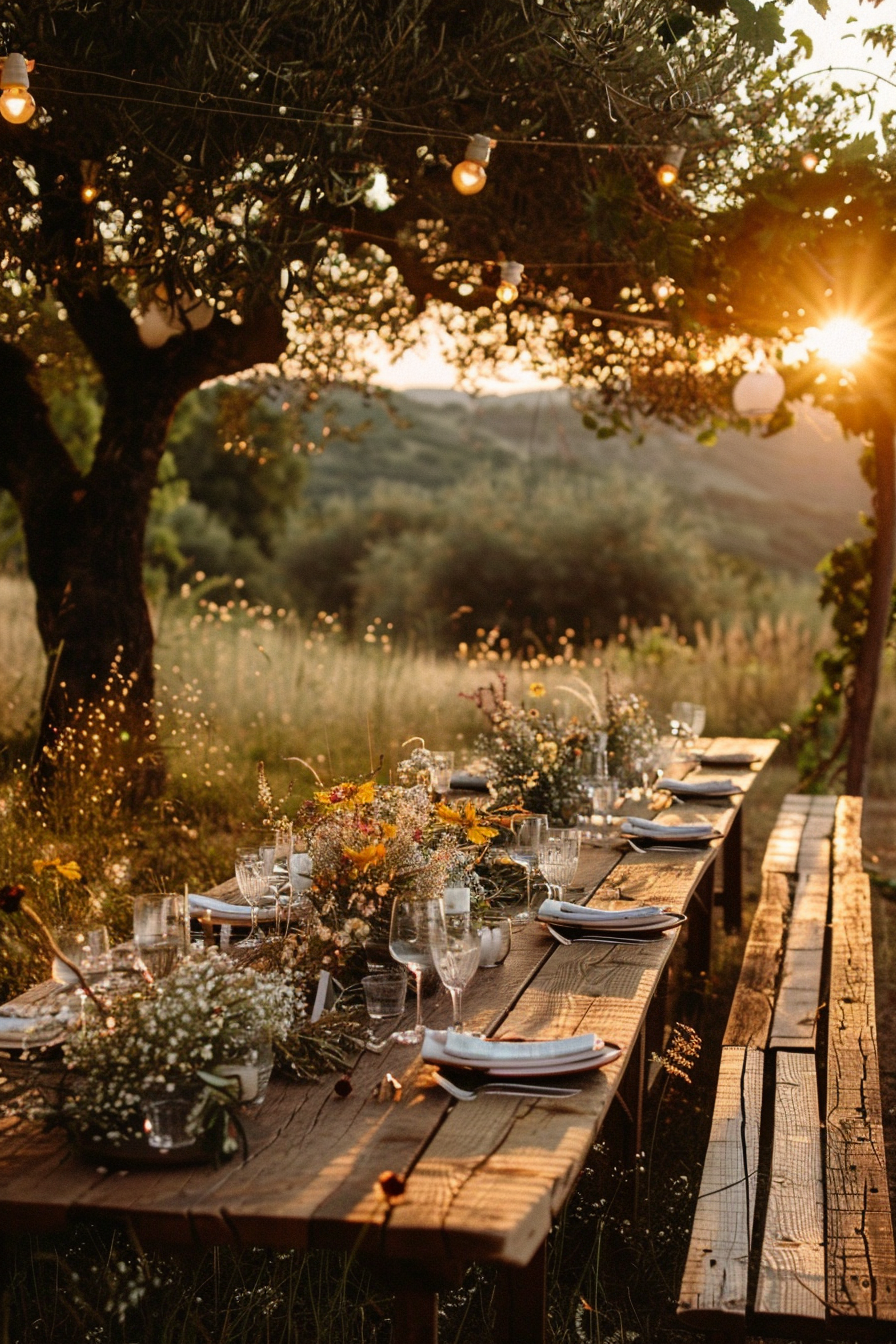 Boho wedding design. Rustic wooden tables set amongst wildflowers at dusk.