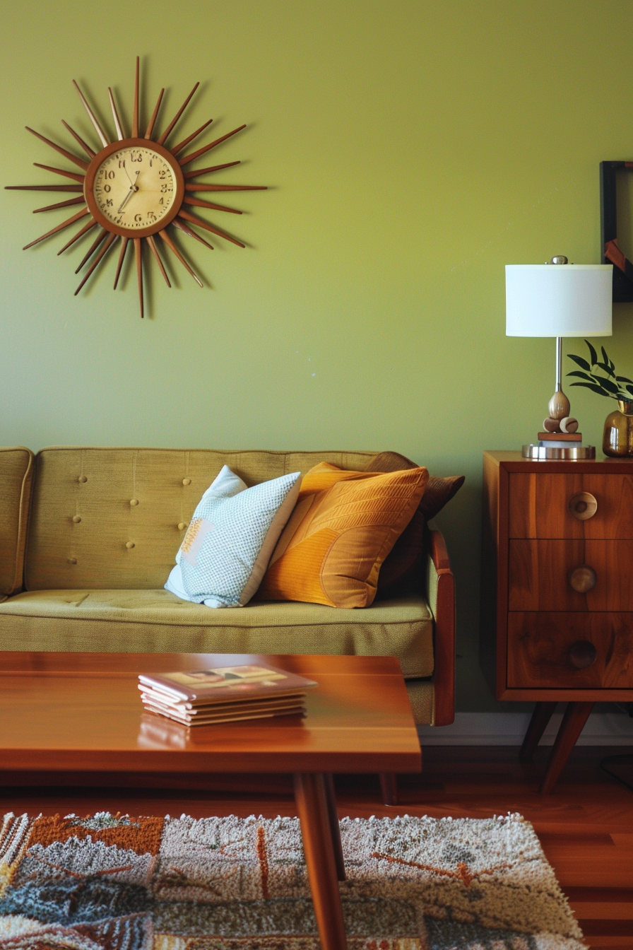 Mid-Century Modern Living Room. Teak wood coffee table with starburst clock on avocado green wall.