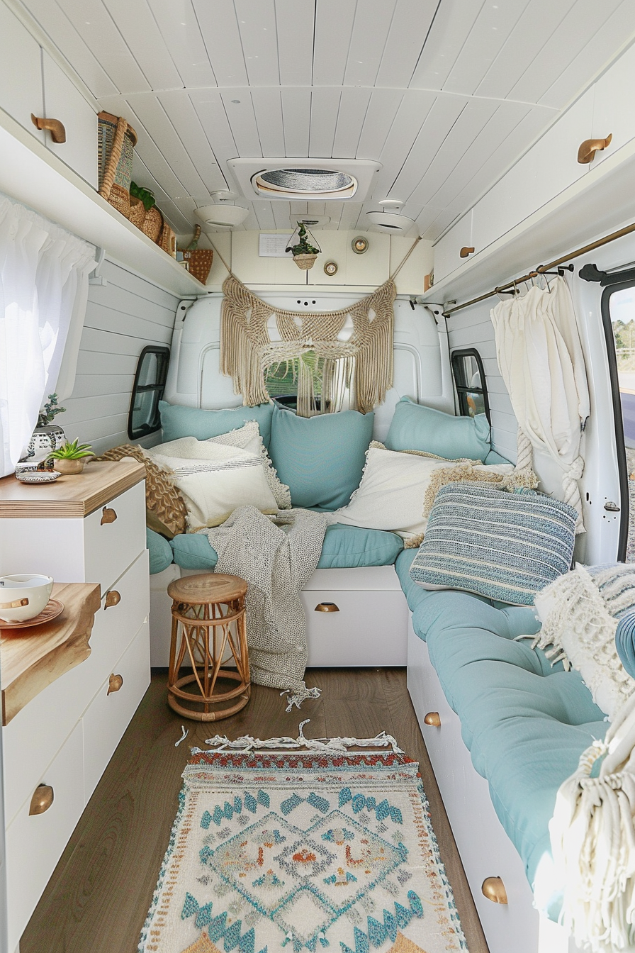 Converted Sprinter van camper. Pastel turquoise upholstery, white wood interior, hanged macrame decor.