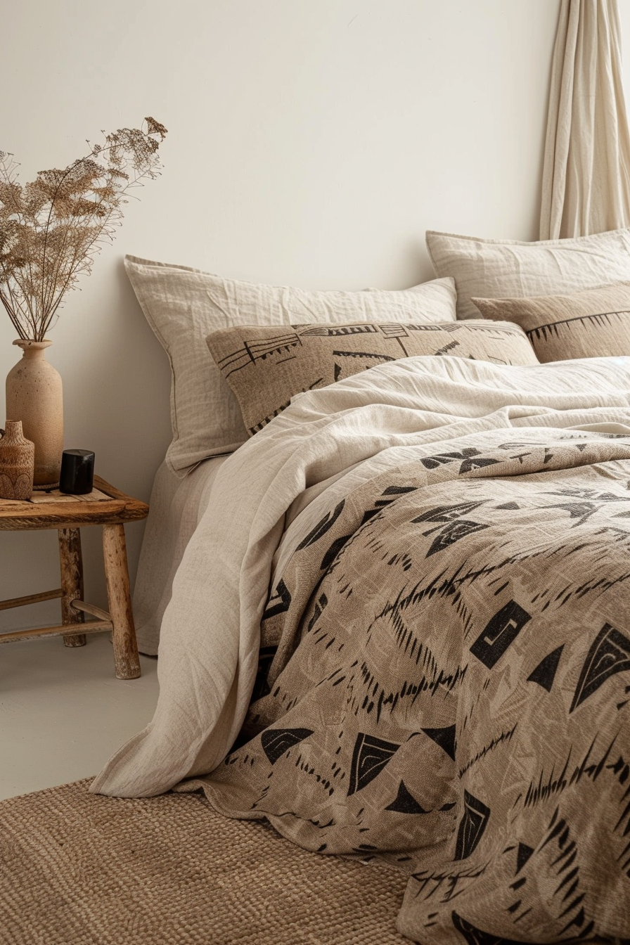 Japandi x Aztek bedroom design. Beige linen bedding with warm earth-toned Aztek patterns.