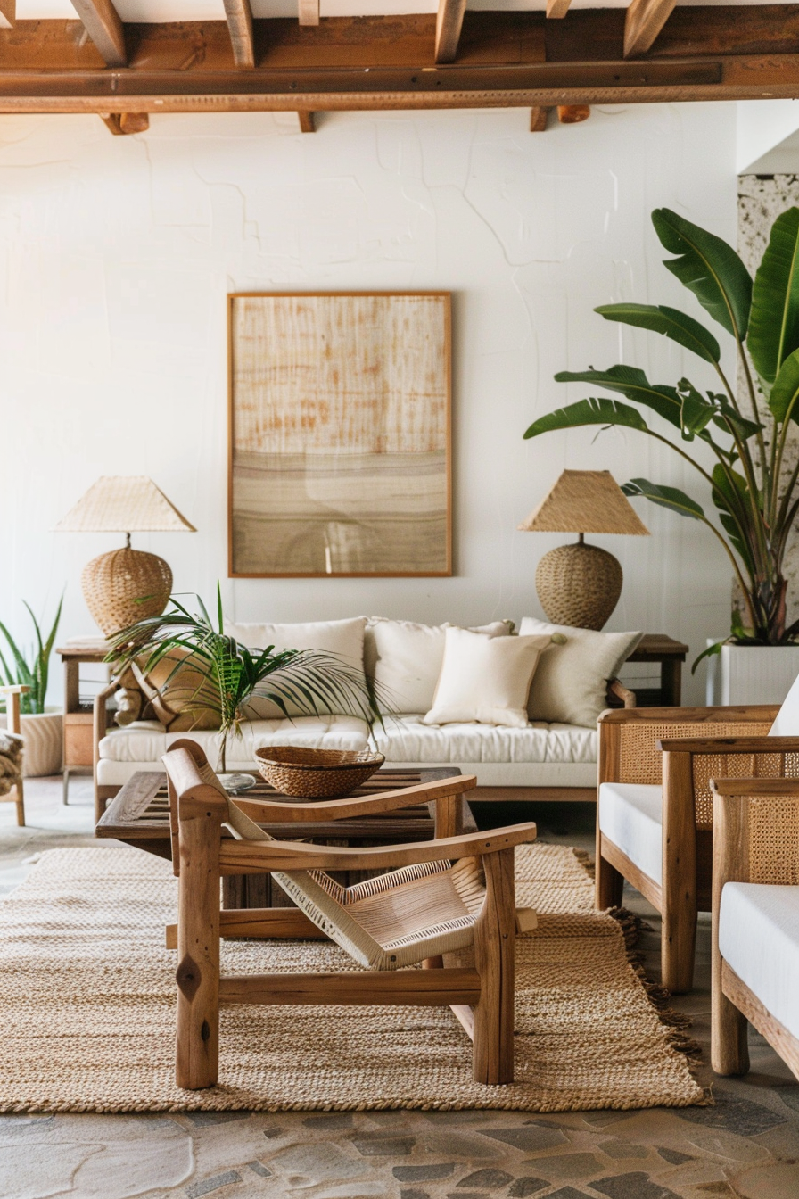 Wide view of Boho-modern, earthy living room. Mid-century wooden furniture with woven rattan details.