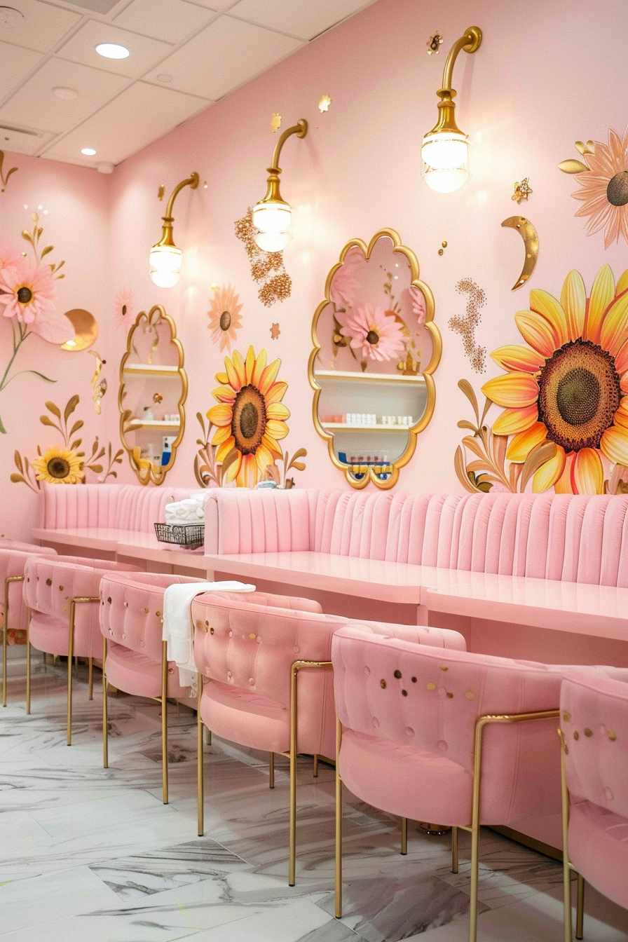 Nail salon. Pink manicure tables, sunflower wall decals, modern mirrors, gold accents.