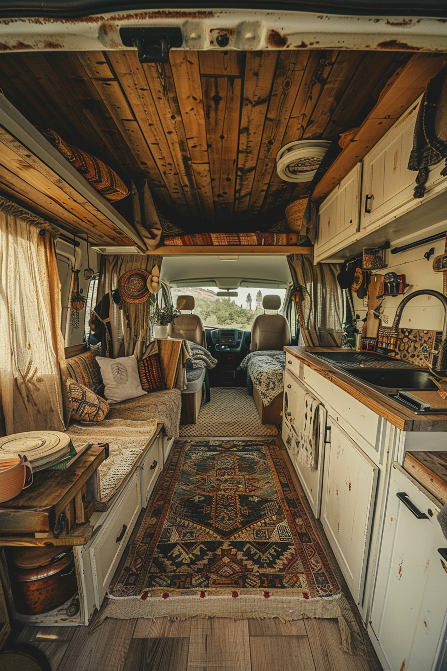 Modern camper van interior. Pale wooden floors and Bohemian patterned tapestry curtains.