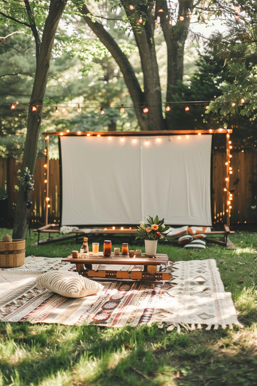 Backyard movie night. Tassel fringe picnic blanket under a chalk-white projector screen.