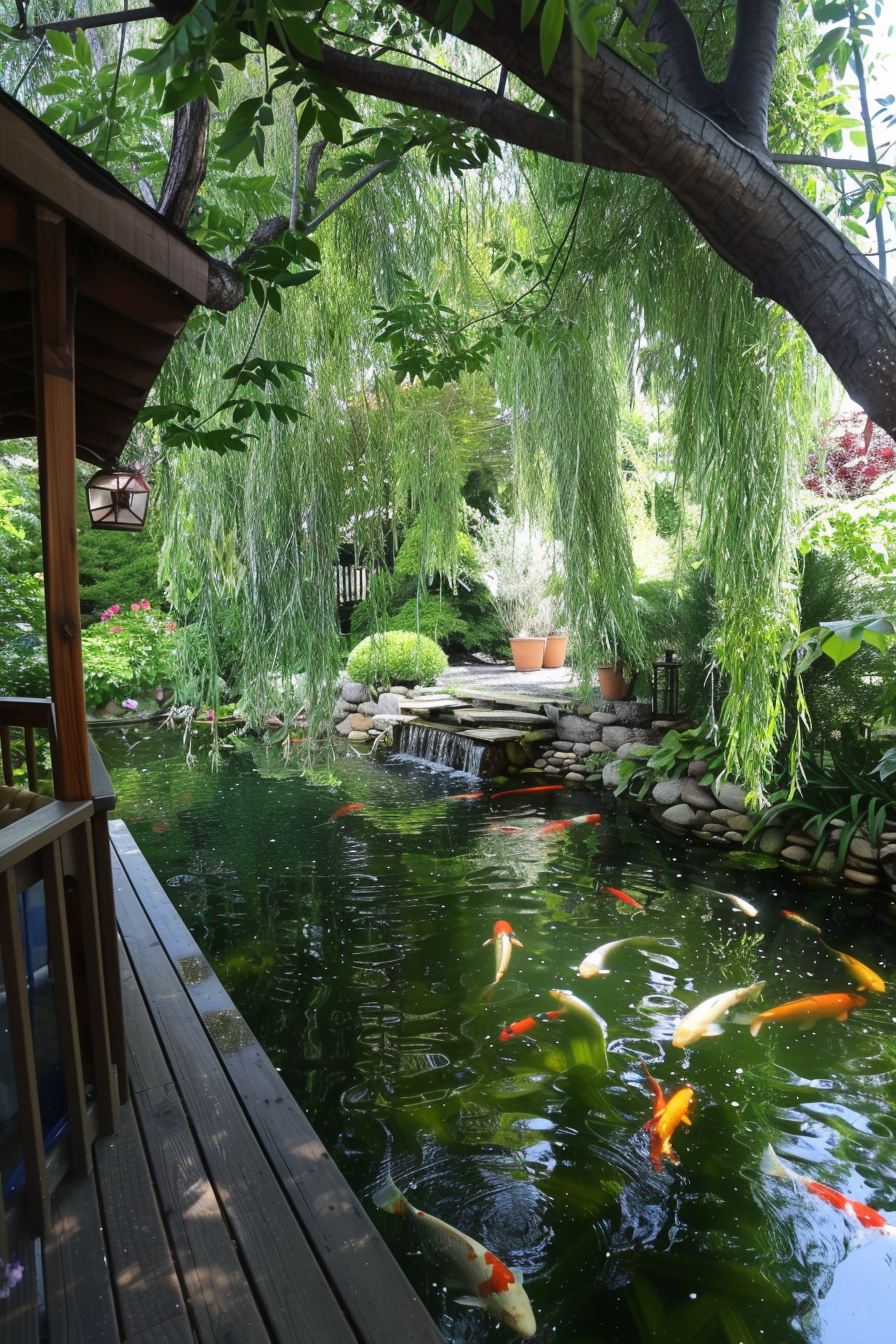 Beautiful Backyard view from deck. Koi pond under weeping willow trees.