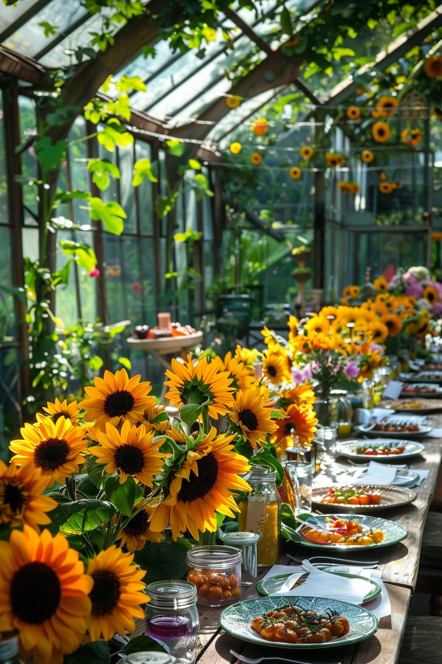 Birthday party in greenhouse. Sunflowers amidst ivy-decked tables with lemonade stands.