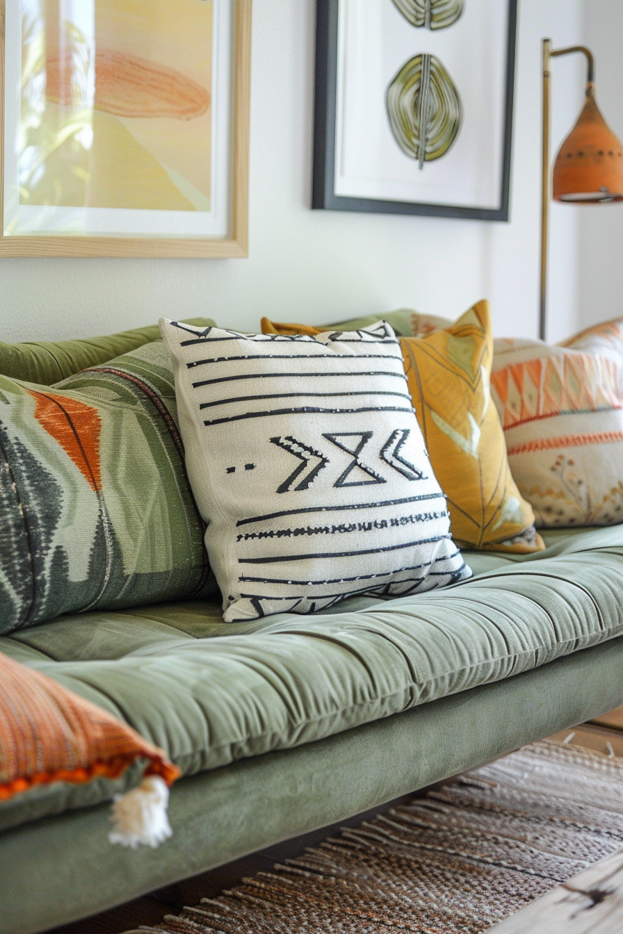 Aztek Japandi pastel bedroom. Sage green futon with geometric throw pillows.