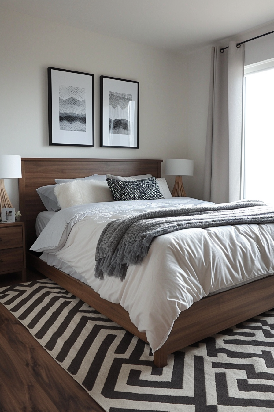 Japandi x Aztek bedroom design. Dark walnut bed with chevron patterned rug.