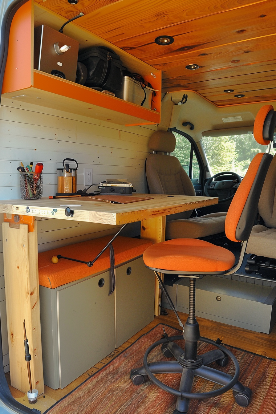 Camper van interior. Adjustable stand-up drafting desk with ergonomic stool.