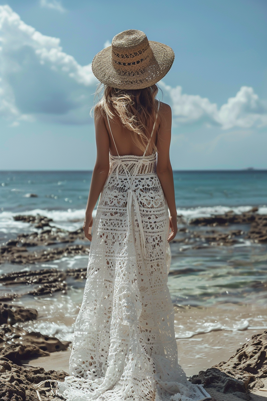 Beach wedding attire. White crochet lace maxi dress, straw sun hat.