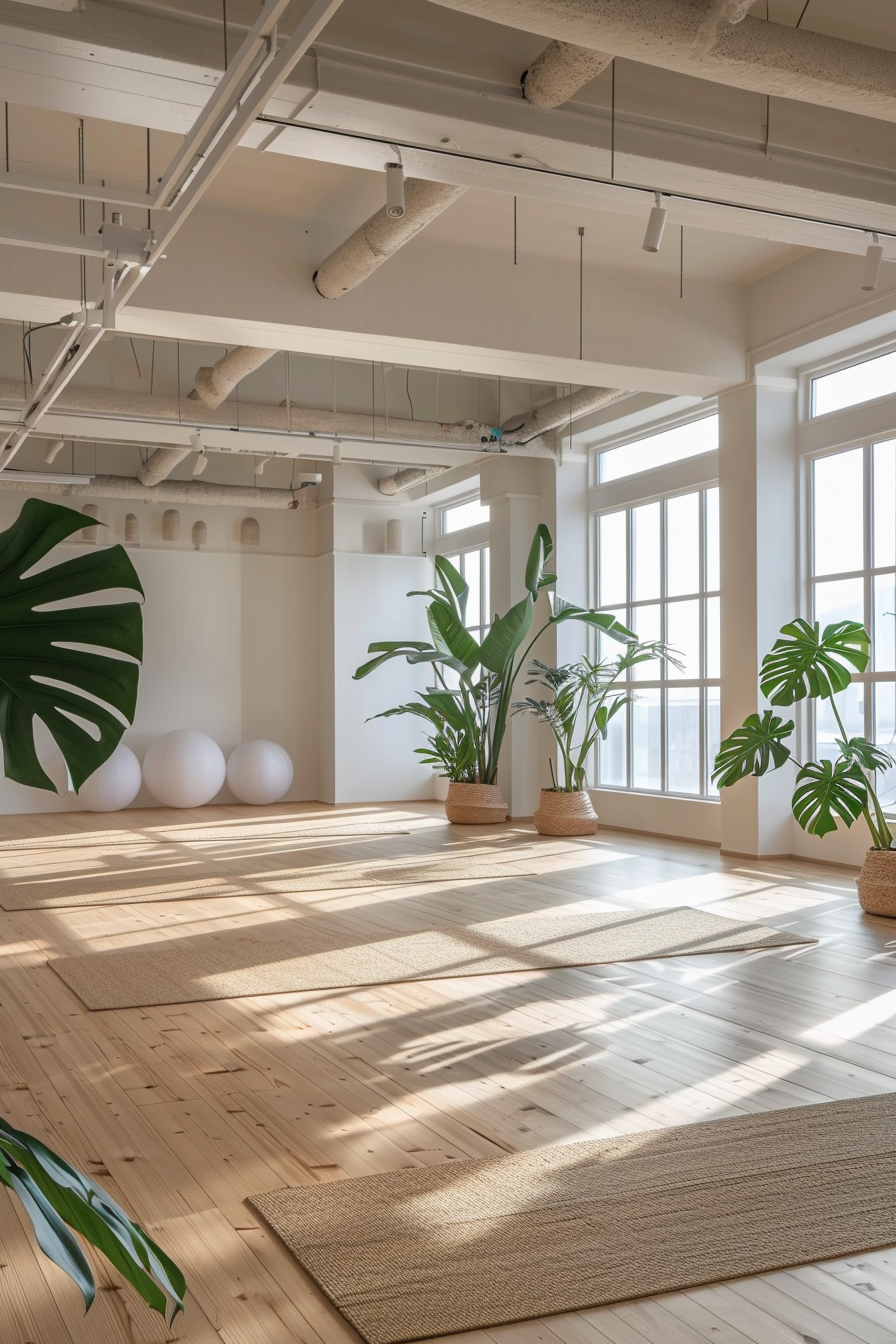 Japandi designed yoga studio. Bamboo floor mats and large monstera plants.