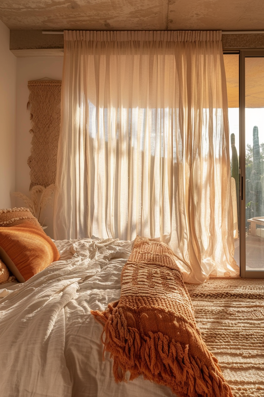 Hotel room. Warm-toned cacti cushions, gauzy curtains filtering sunlight, woven rug.