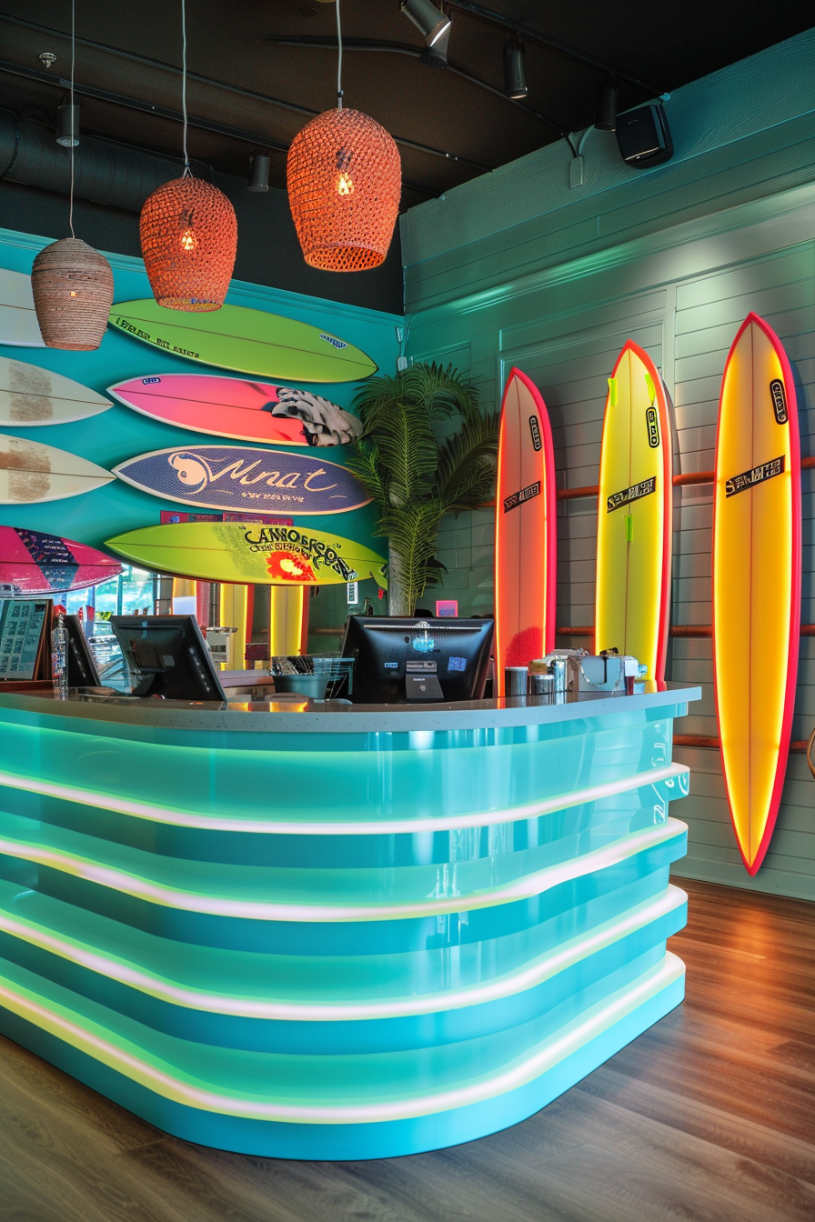 Surf shop design. Turquoise cash counter with stacked neon surfboards backdrop.