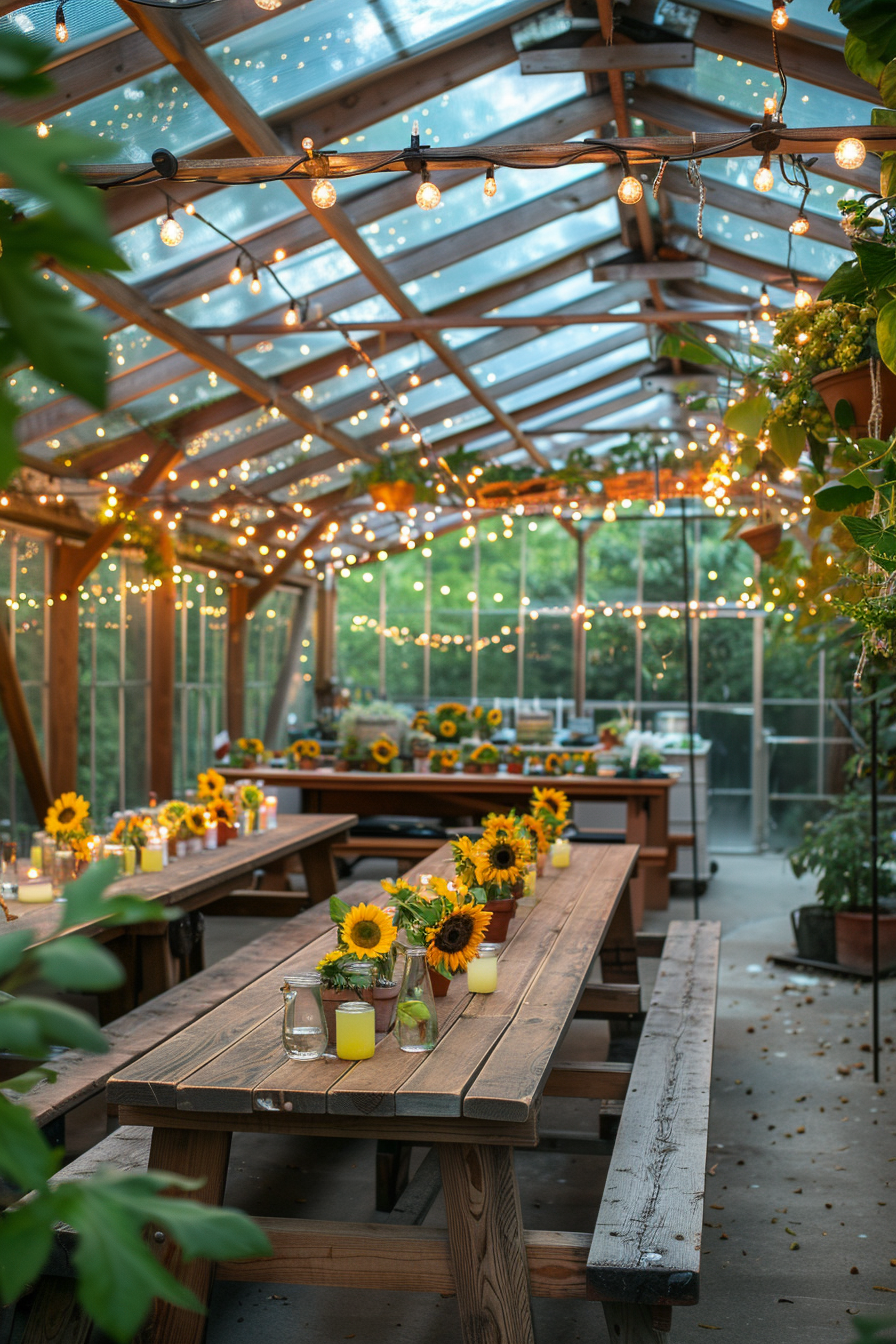 Greenhouse birthday party. Boho design, sunflower centerpieces, fairy lights, lemonade stand.