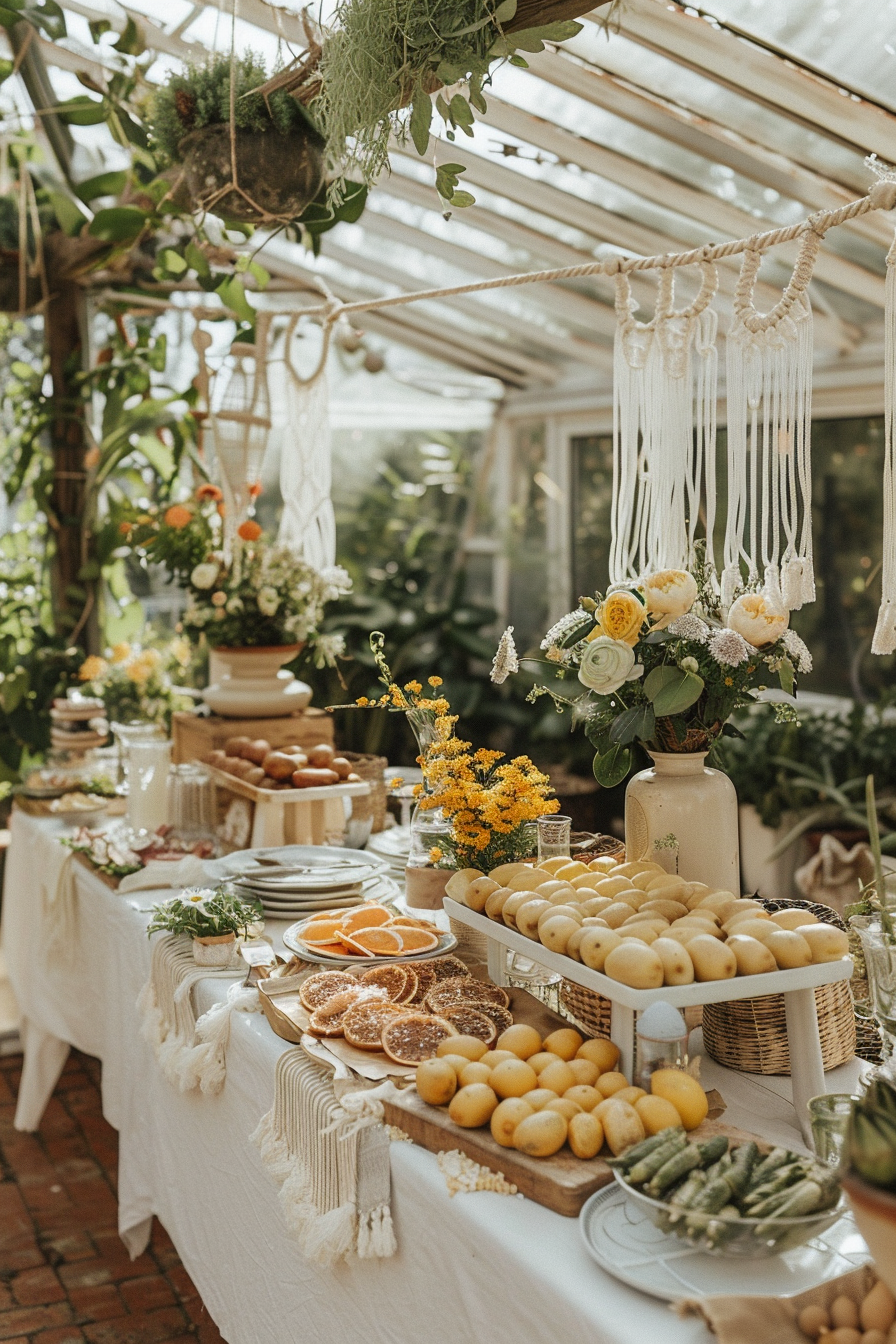 Birthday party in greenhouse. Boho white macrame decorations, lemon yellow flowers, potted plants, grazing table.