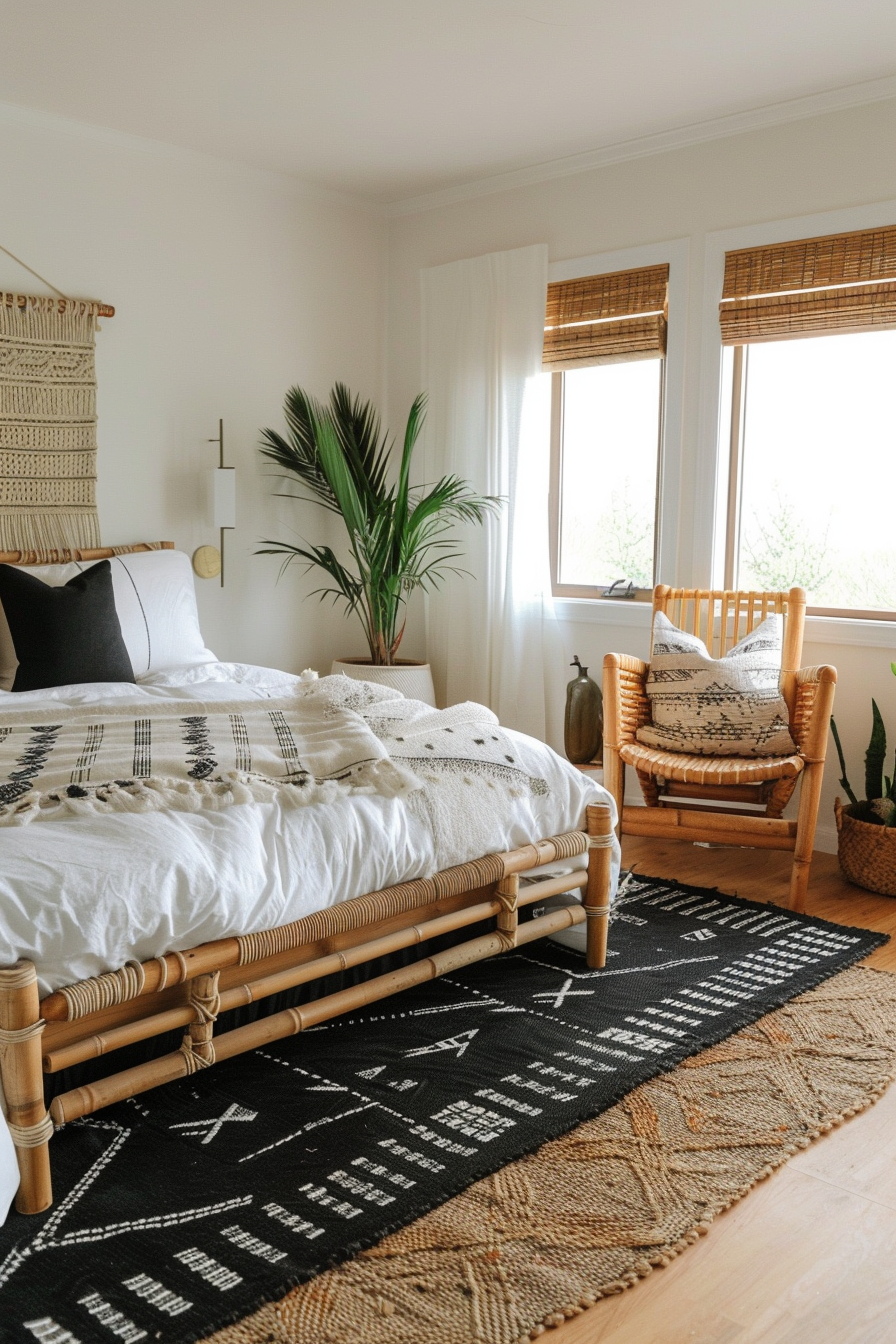 Japandi Aztek Bedroom Design. black geometric-print rug, bamboo furniture and natural earth tones.