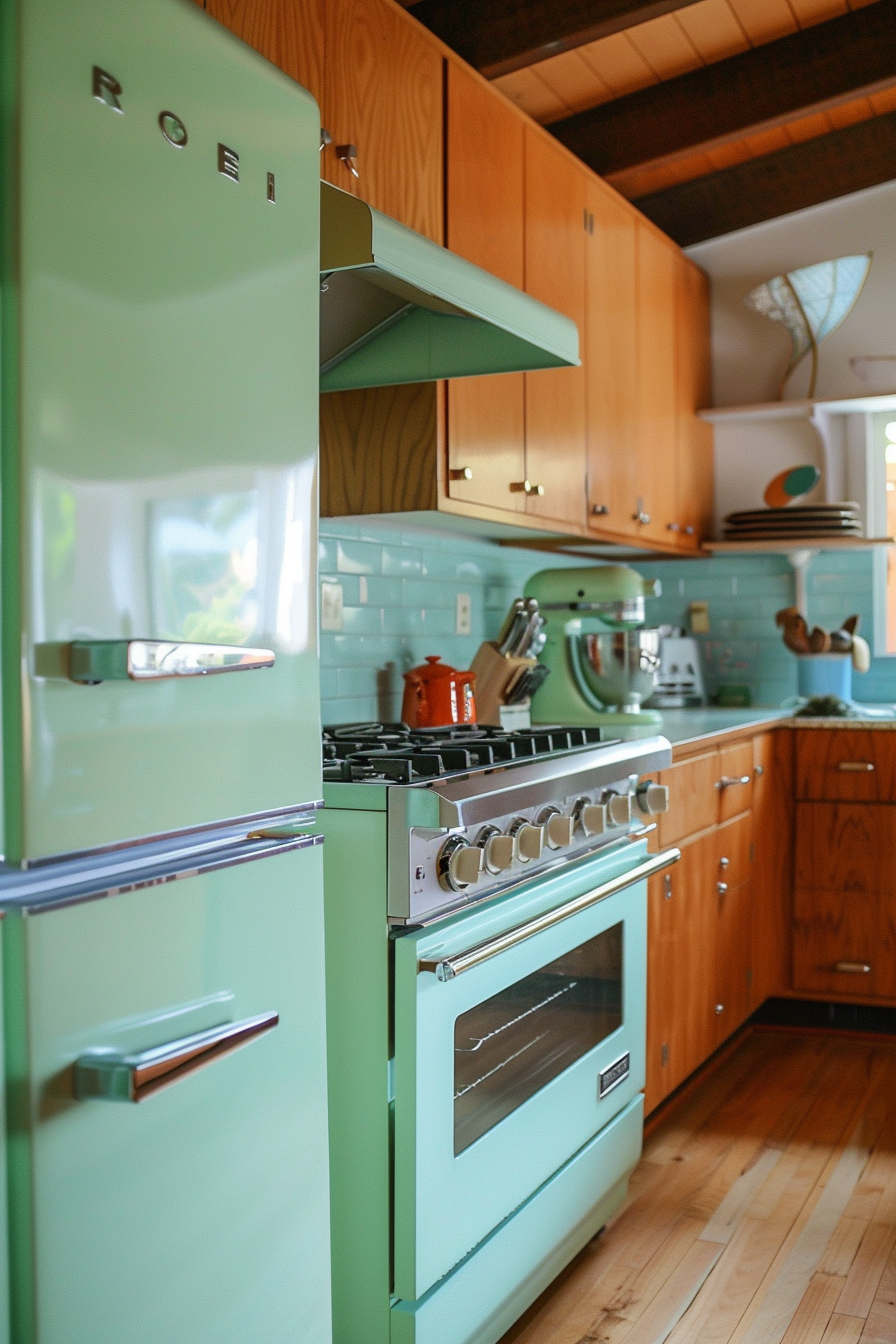 Mid Century Modern Kitchen. Aquamarine cabinetry with avocado green appliances.