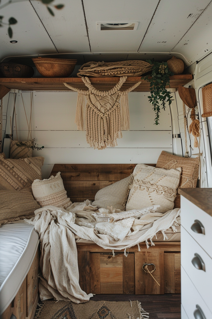 Modern camper van interior. Hanging macramé with rustic wooden cabinets.