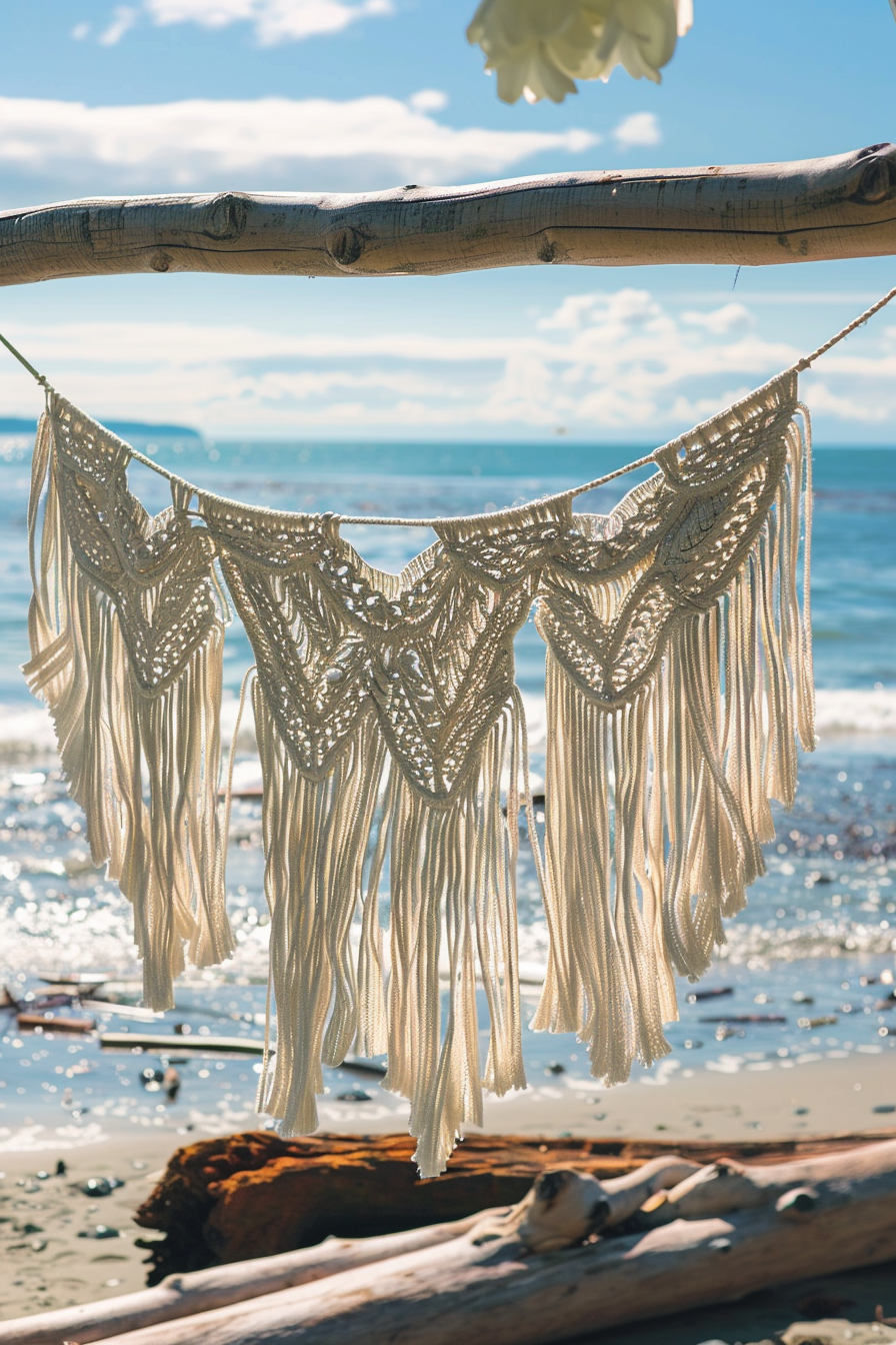 Beach wedding detail. Cascading macrame backdrop with driftwood.