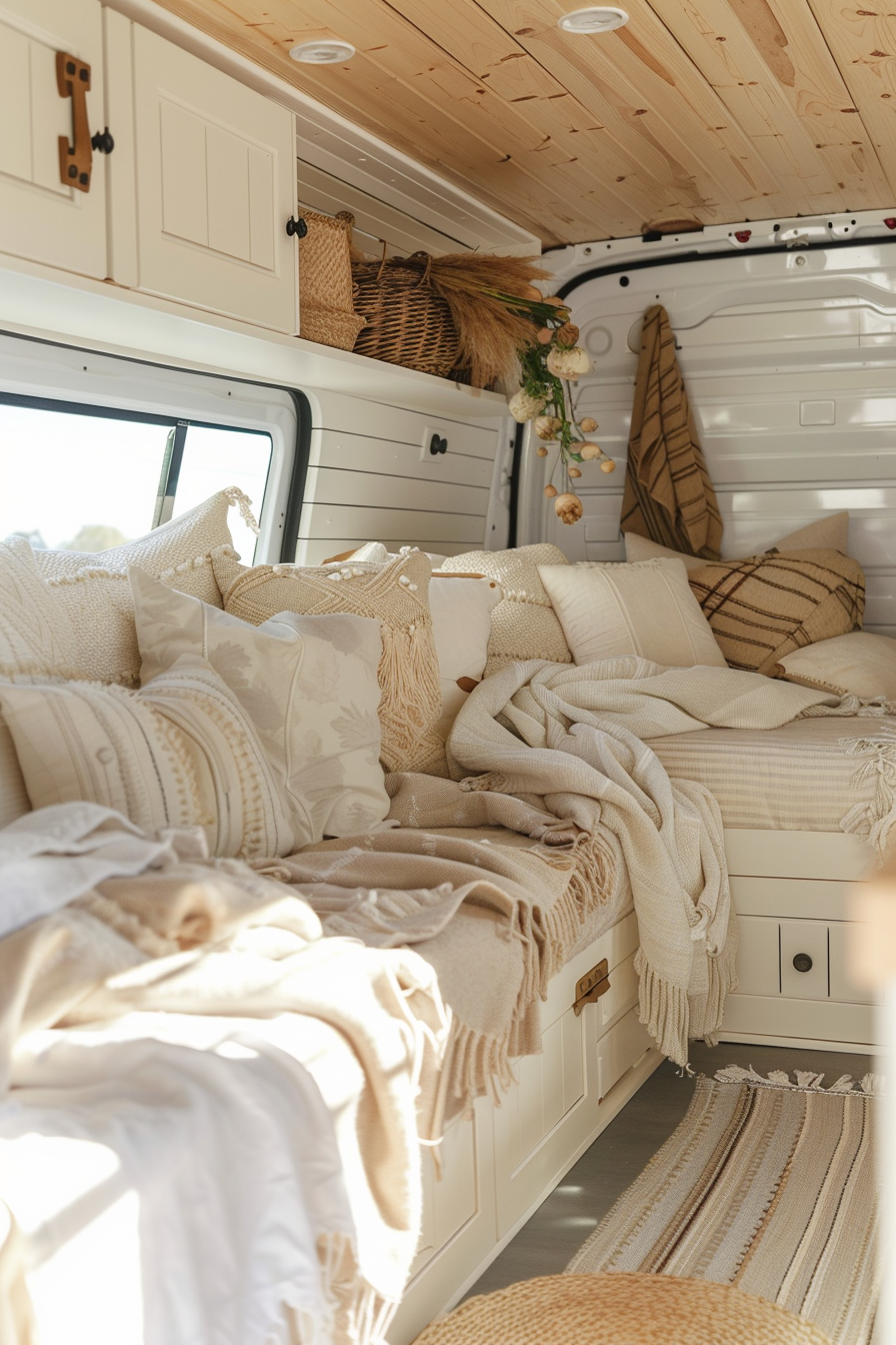 Converted Sprinter van camper. Wide angle view of creamy, textured fabrics and husked coconut storage.