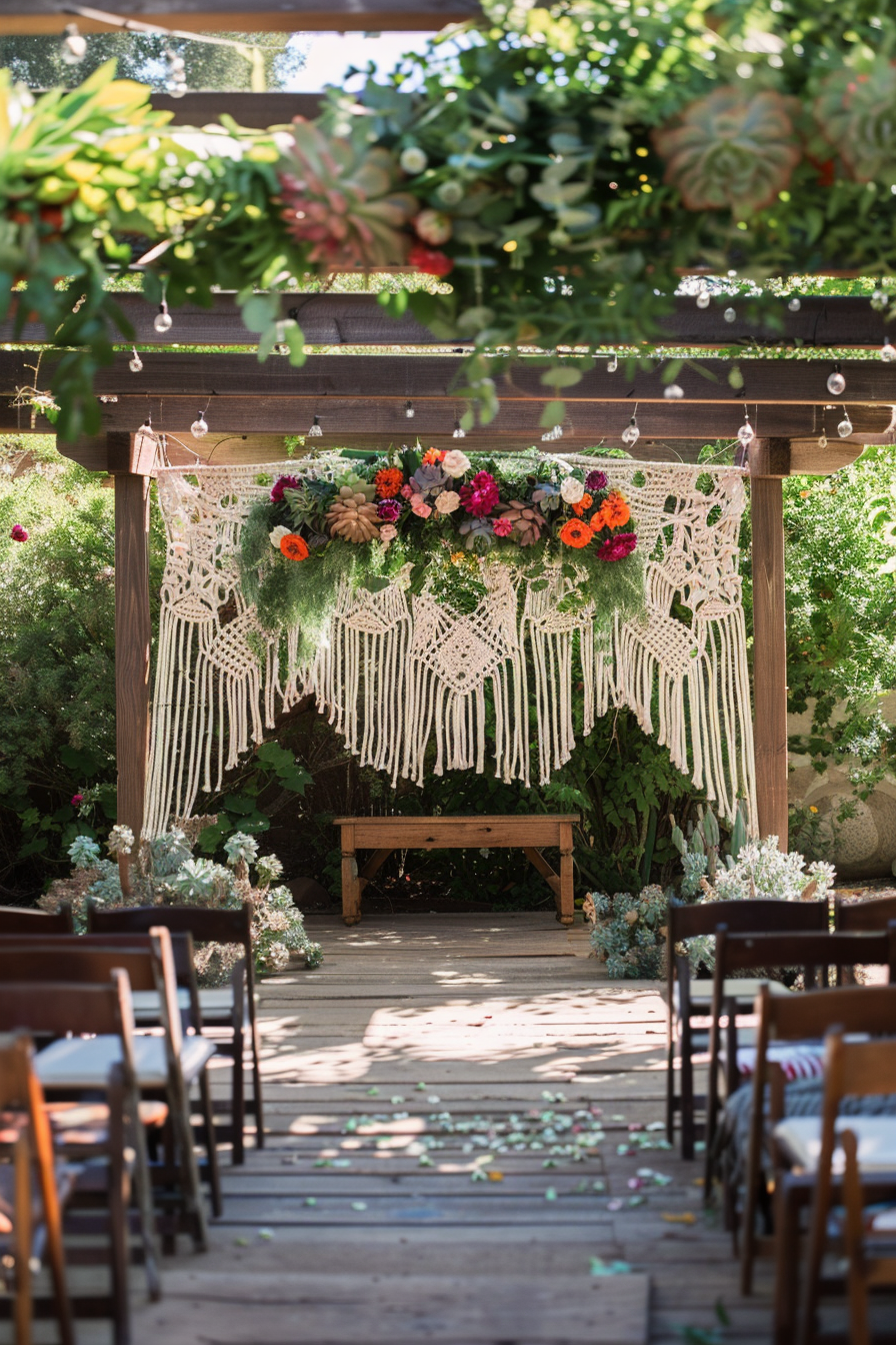 Boho wedding design. Macramé arch, diverse succulent arrangements, and mismatched wooden seating.