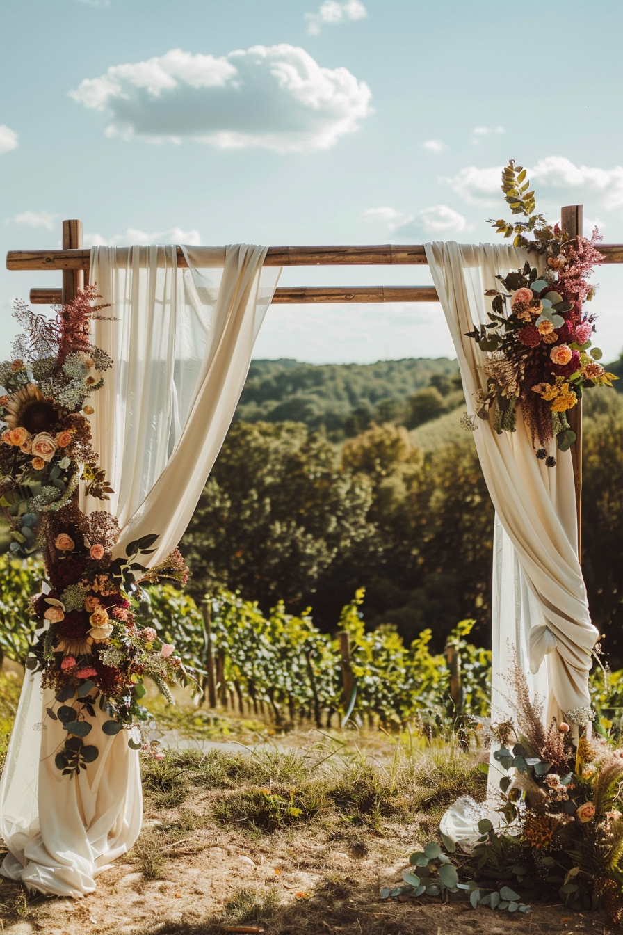 Boho wedding view. Soft white drapes, wooden arch, wildflowers and wine-hued fruits.