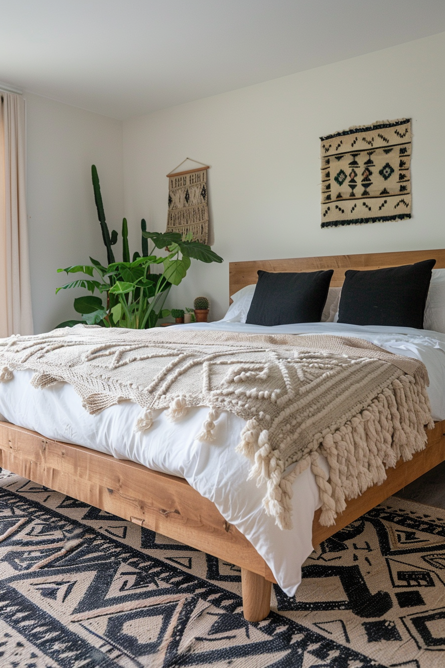 Japandi x Aztek Bedroom design. Light wood platform bed with black Aztec patterned rug.