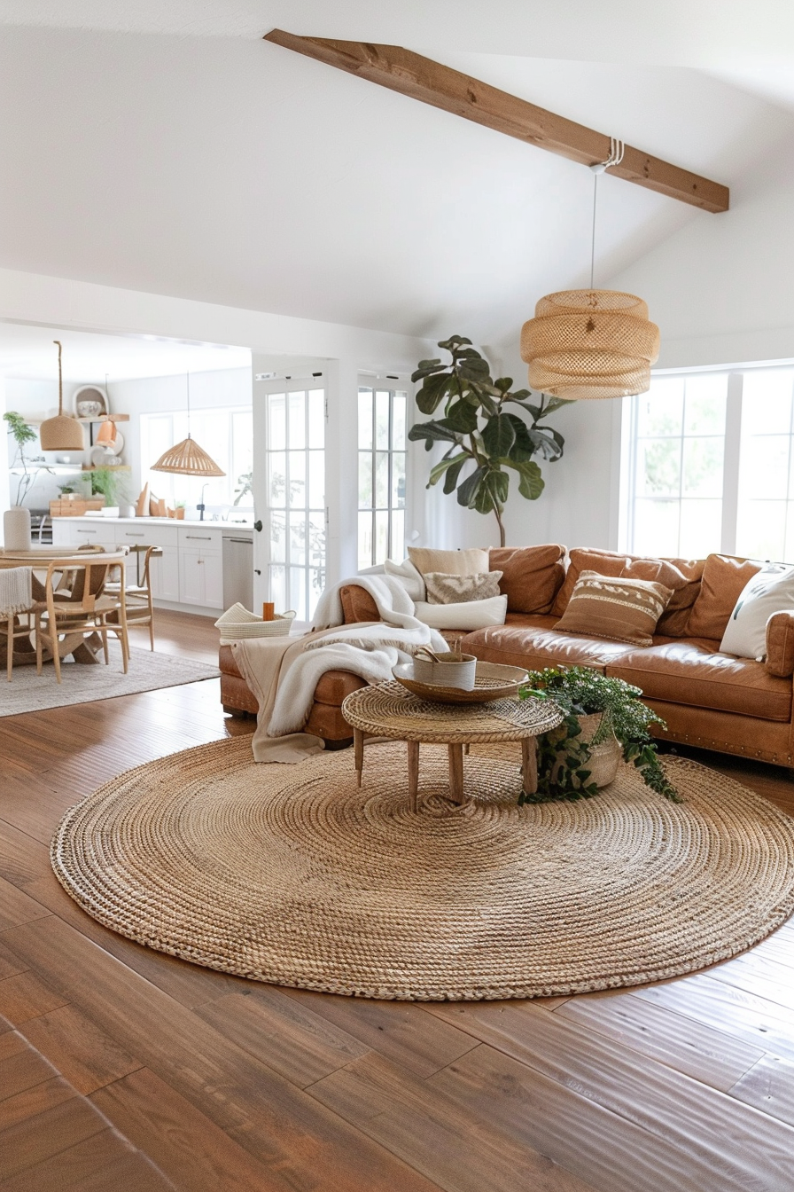 Boho-modern and earthy living room. Round rattan rug on varnished hardwood flooring.