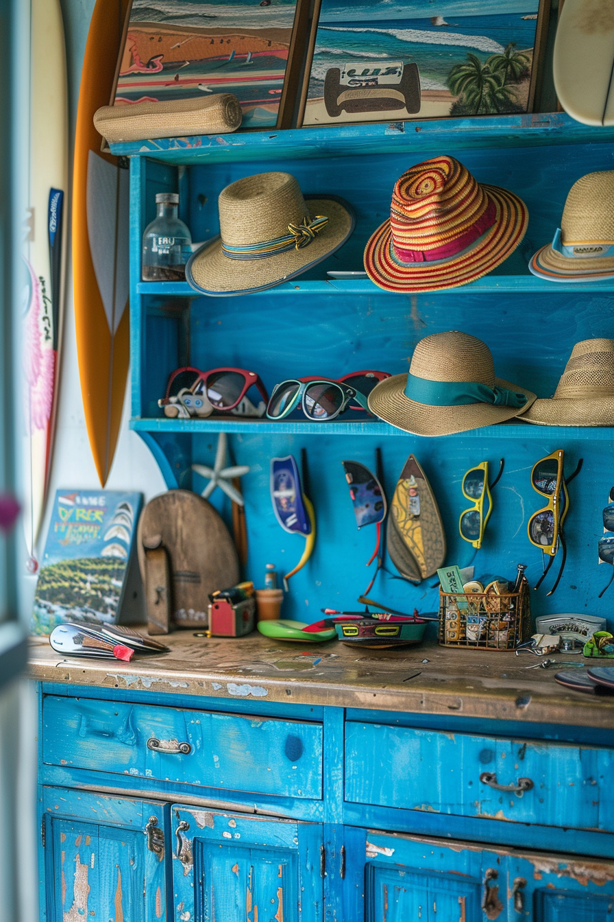 Surf shop design. Bright blue counter layered with miniature surfboards and hats.