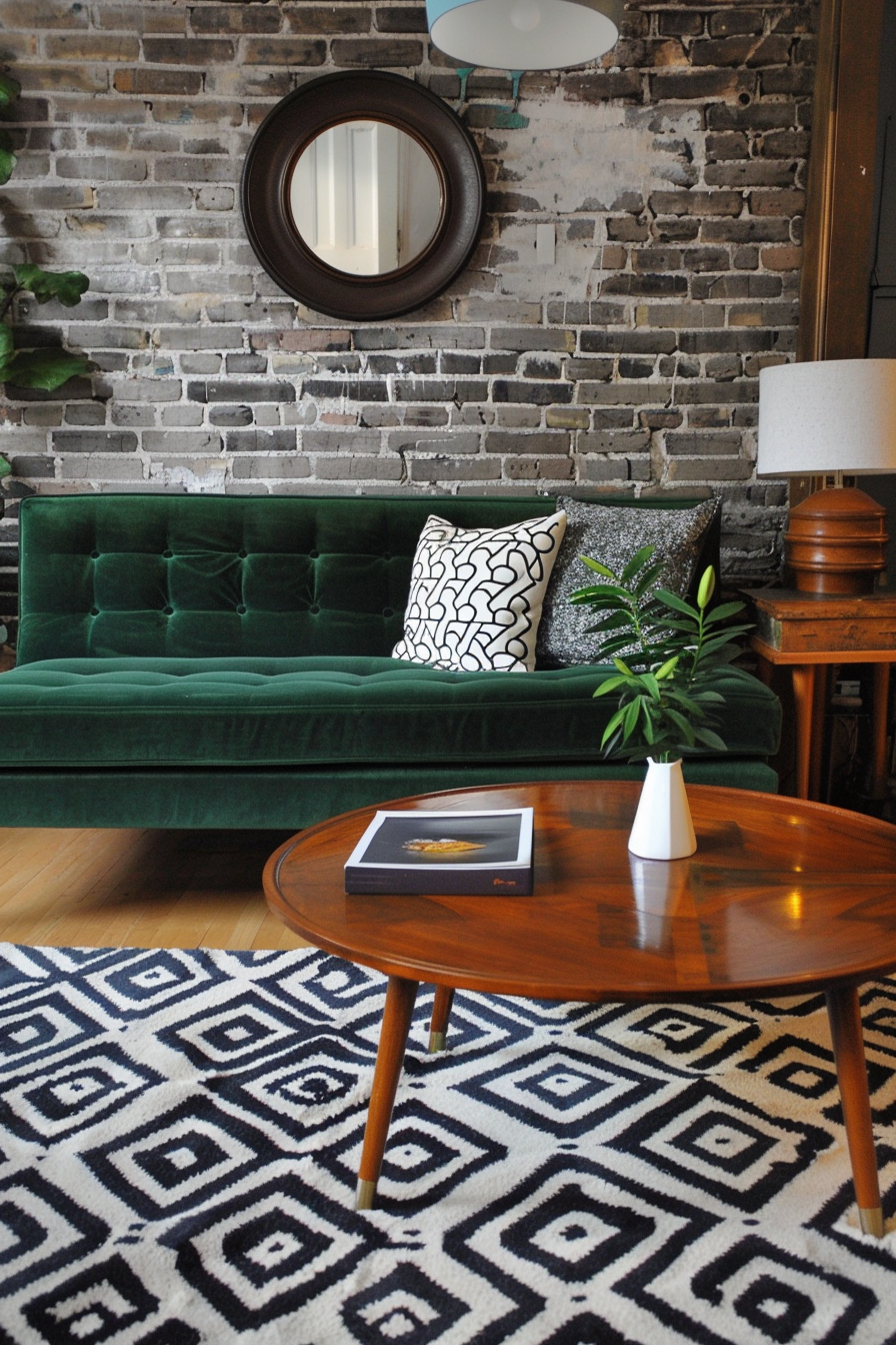 Mid-century modern living room. Geometric pattern rug, teak coffee table, green velvet sofa.