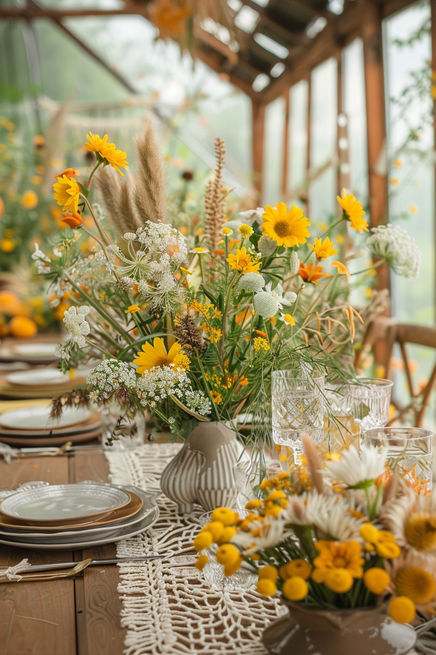 Birthday party in a greenhouse. Macrame decor with yellow and while wildflowers.