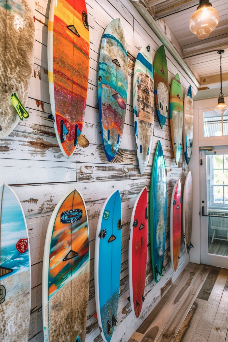 Surf shop design. Brightly colored surfboards showcased on whitewashed shiplap walls.