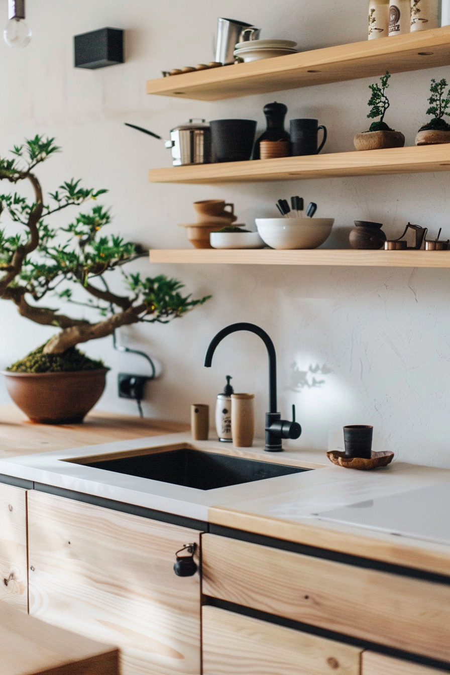 Japandi kitchen. White counters, wooden cabinets, matte black fixtures, and potted bonsai.