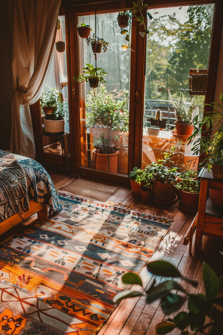 Hotel room. Warm-toned tribal rug with scattered succulents under deck sunlight.