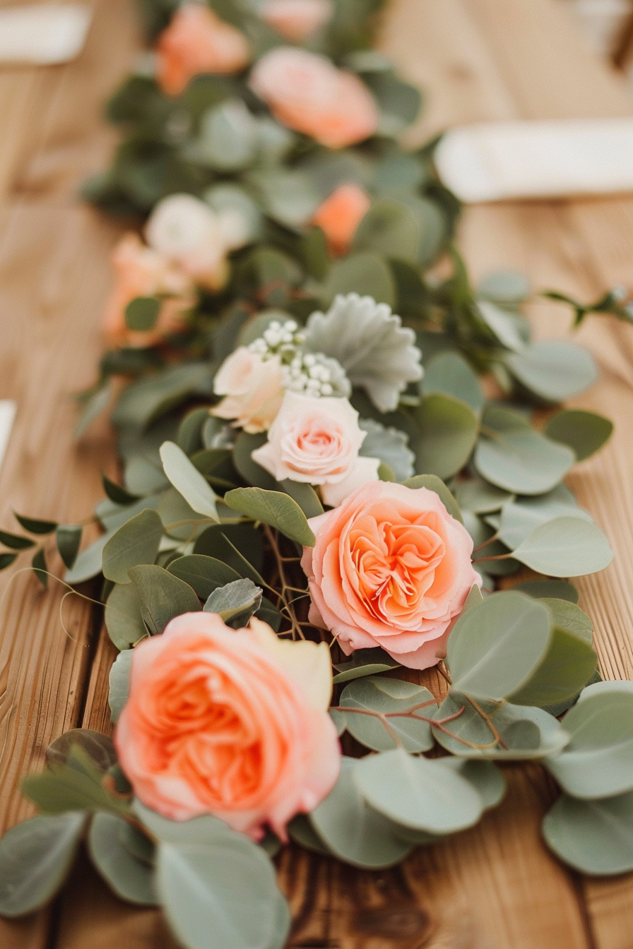 Boho beach wedding. Fresh eucalyptus table runner with coral accents.