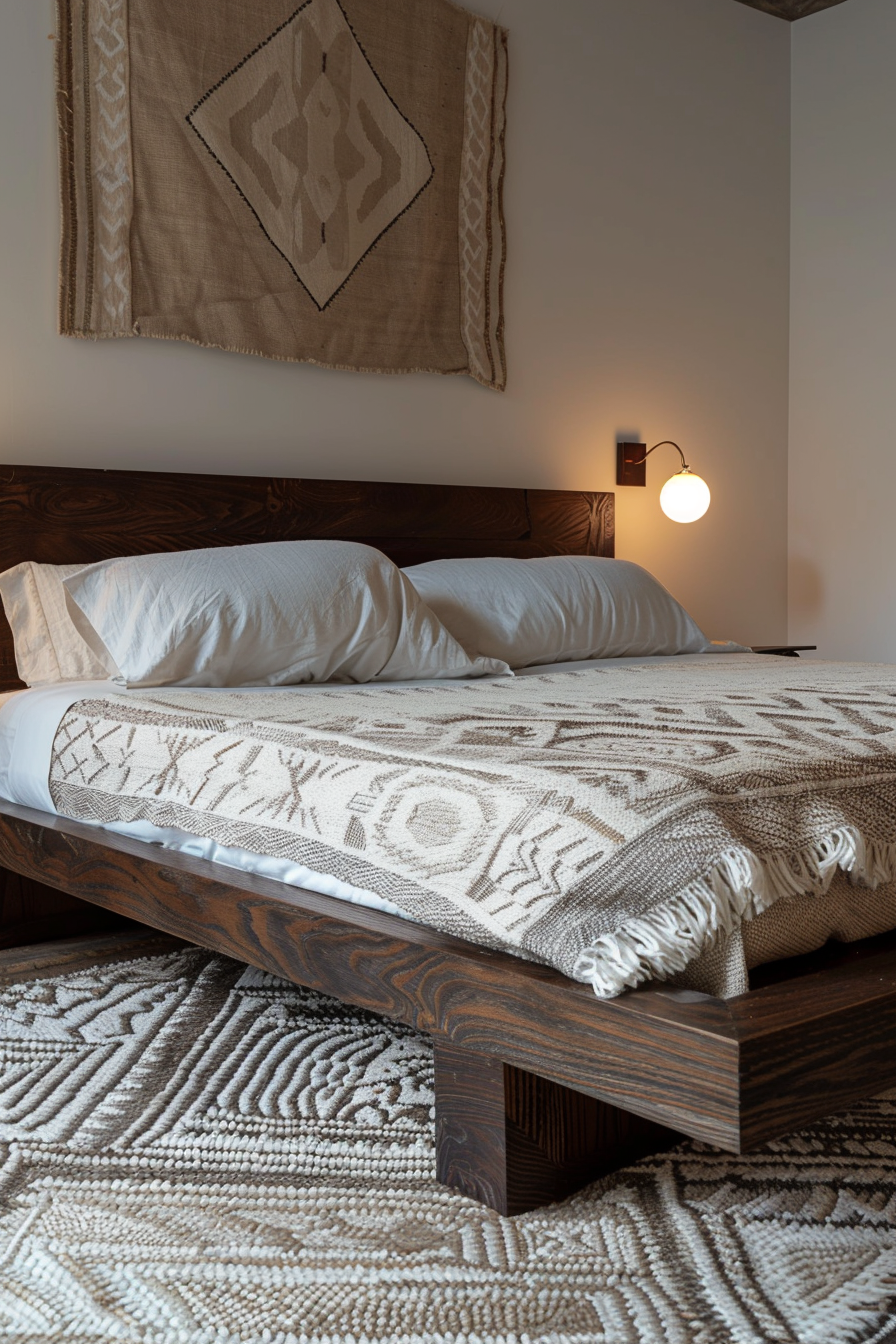 Japandi x Aztek bedroom design. Dark wood platform bed with geometrical ivory pattern rug.