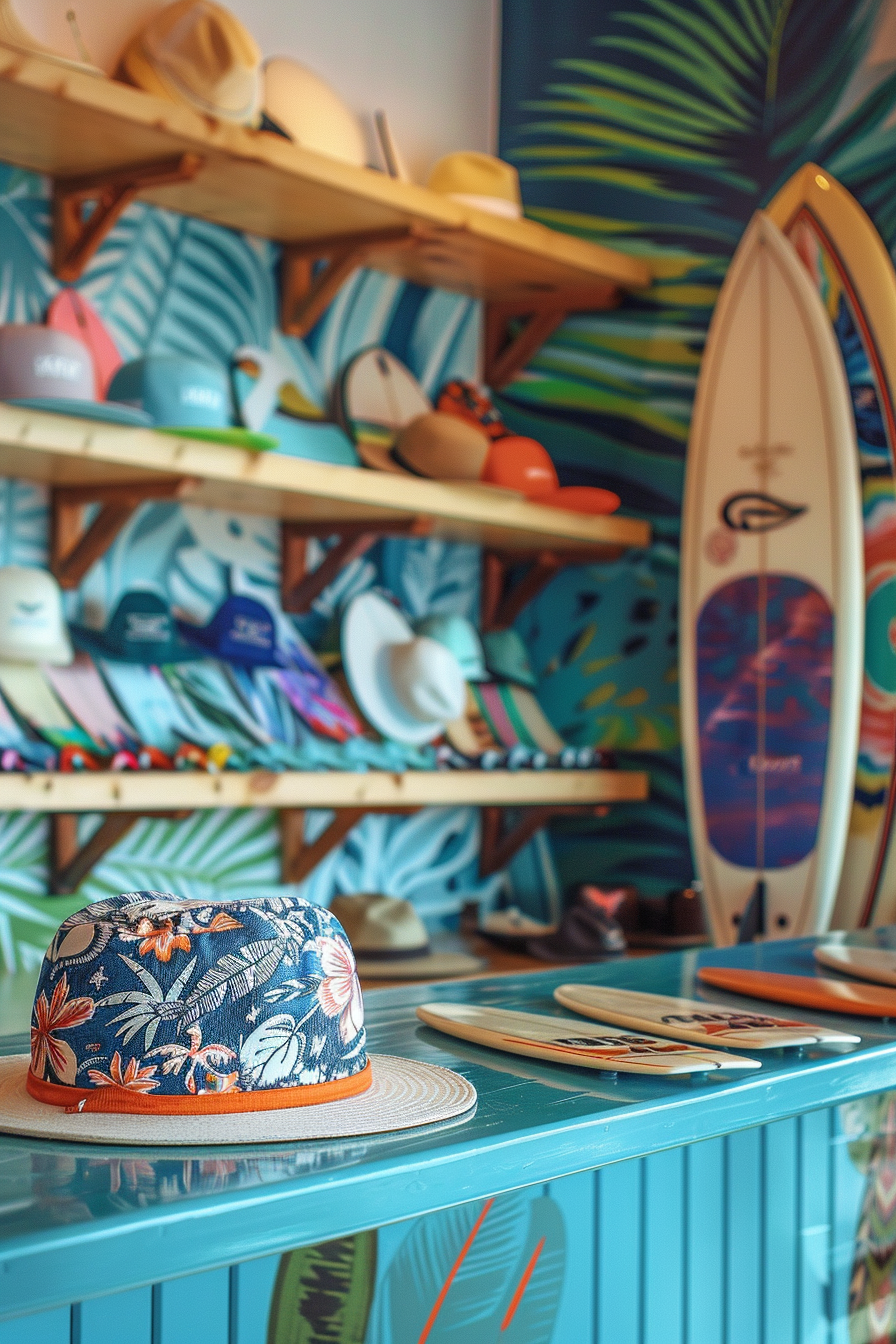 Surf shop design. Cobalt blue counter scattered with miniature surfboards and hat displayed.