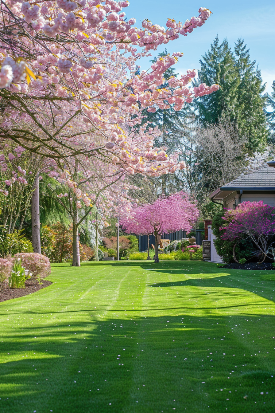 Beautiful backyard view. Manicured lawn with cherry blossom trees in full bloom.