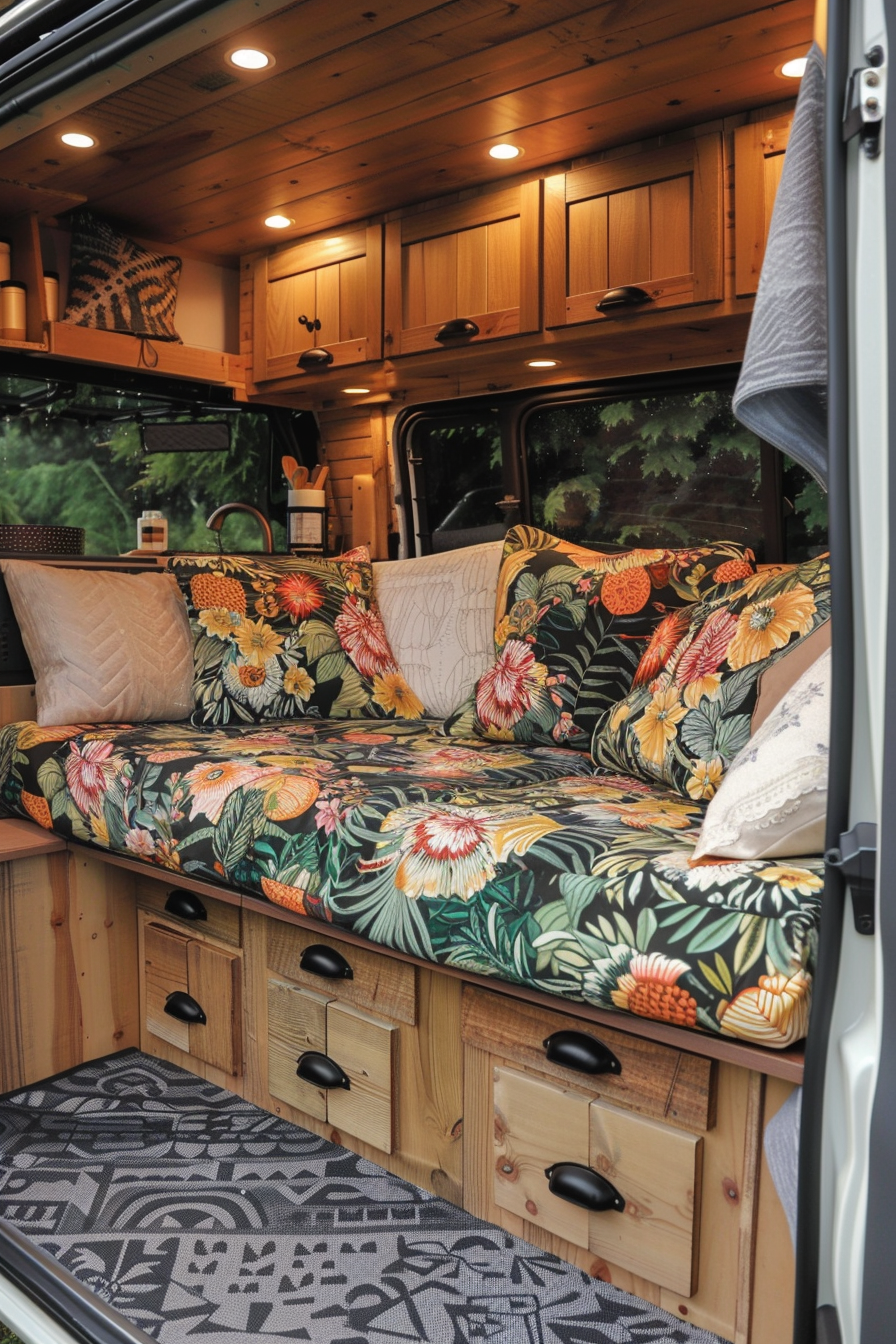 Converted Sprinter Van Camper view. Floral upholstery detail with wooden trimmings.