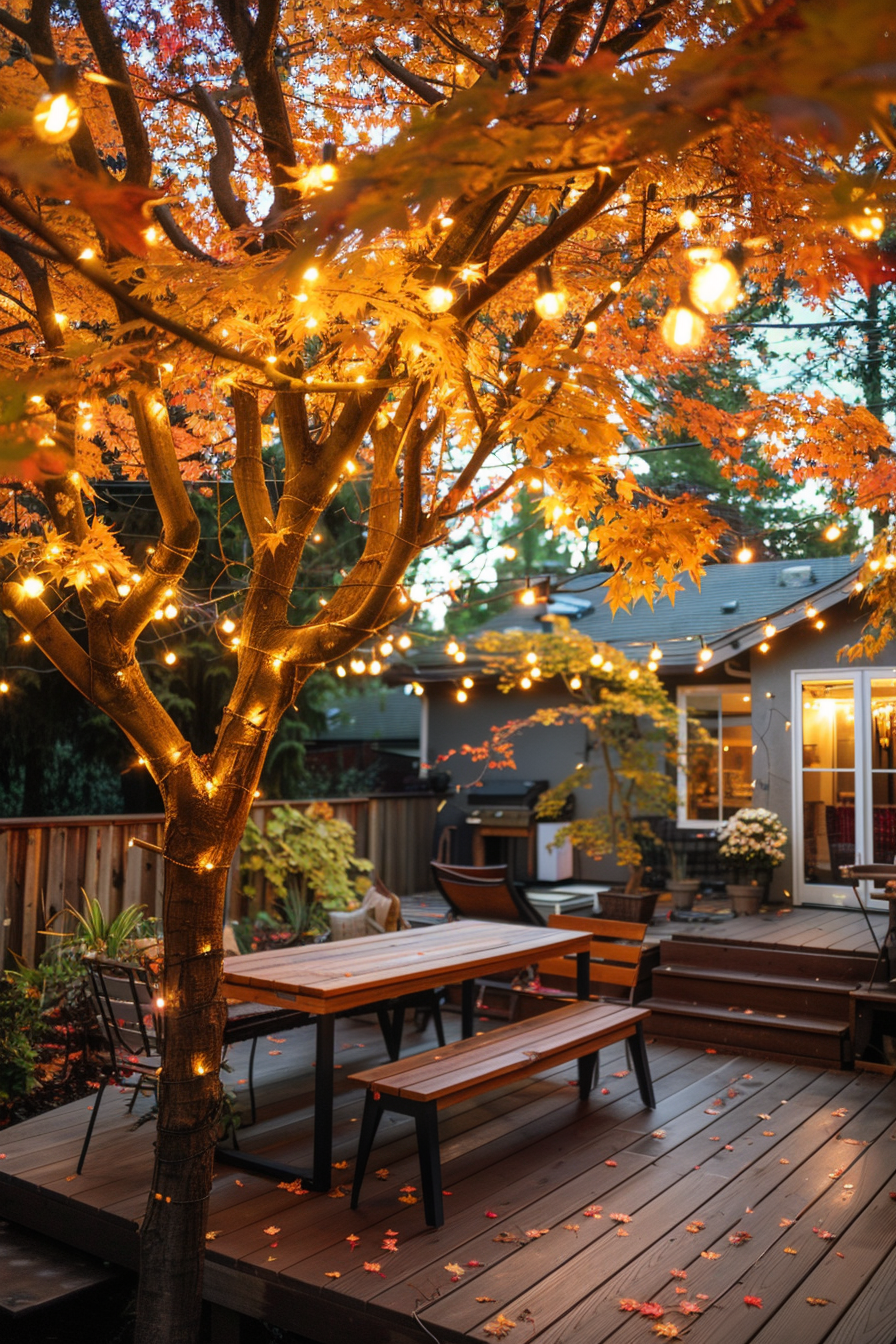 Beautiful backyard view from deck. Japanese maple tree adorned with hanging fairy lights.