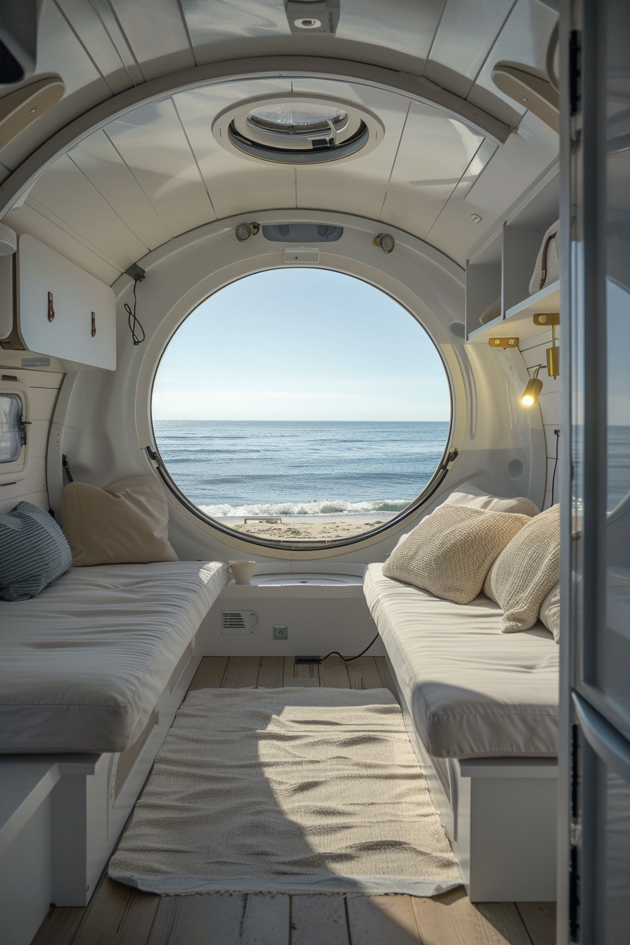 Coastal camper van interior. White minimalist design, ocean view through circular window.